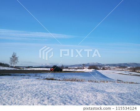 冬天的北海道美瑛町,新榮之丘展望公園停車場 冬天的北海道美瑛町,新榮之丘展望公園停車場 115534124