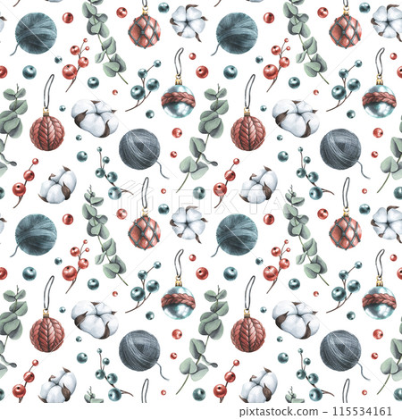 Winter, New Year, Christmas seamless pattern with cotton, eucalyptus, berries, Christmas balls. Watercolor illustration hand drawn. Seamless pattern on a white background. Winter, New Year, Christmas seamless pattern with cotton, eucalyptus, berries, Christmas balls. Watercolor illustration hand drawn. Seamless pattern on a white background. 115534161