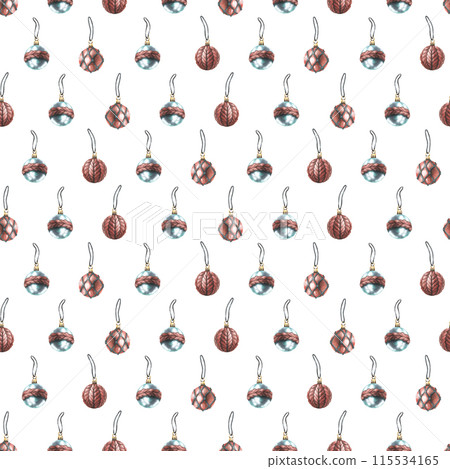 Christmas glass balls in blue and red with knitted elements. Watercolor illustration. Seamless pattern on white background from COZY WINTER collection. For fabric, textile, wrapping paper 115534165