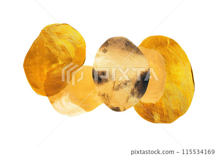 Striking paint blobs in gold, masterfully painted with rich textures and depth, isolated on white background. Modern graphic design elements. Minimalist Nordic style. Generative AI. 115534169