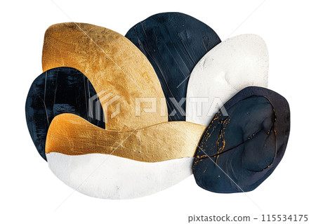Striking abstract art element featuring organic shapes in black, gold, white paint, isolated on white background. ideal for modern graphic design uses. Minimalist Nordic style. Generative AI. 115534175