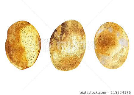 Captivating graphic design elements, three golden paint blobs with diverse textures, isolated on white background. Ideal for creative and luxurious projects. Minimalist Nordic design. Generative AI. 115534176