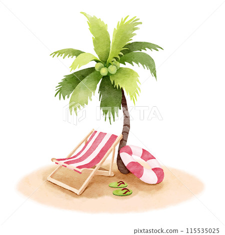 Watercolor tropical beach with palm tree 115535025