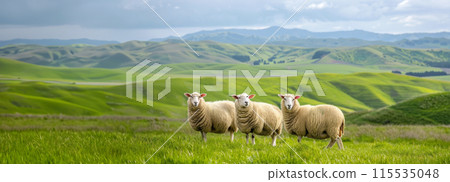 White sheeps standing in sunny green field under clear blue sky background. Nature landscape 115535048