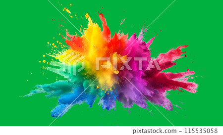 Dynamic explosion colored powder against green screen chromakey background. Abstract backdrop with paint cloud Dynamic explosion colored powder against green screen chromakey background. Abstract backdrop with paint cloud 115535058