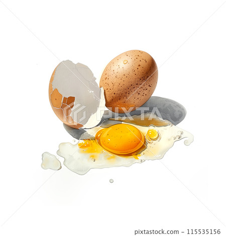 Watercolor illustration of a cracked raw egg on white background 115535156