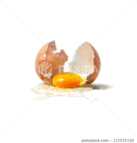 Watercolor illustration of a cracked raw egg on white background 115535158