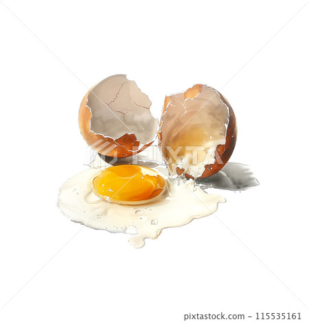 Watercolor illustration of a cracked raw egg on white background 115535161