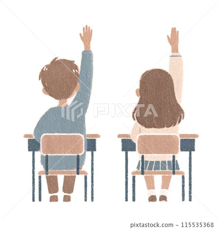 Children sitting on chairs and raising their hands Children sitting on chairs and raising their hands 115535368