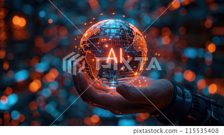 A person is showcasing a luminous globe with the term ai on it A person is showcasing a luminous globe with the term ai on it 115535408