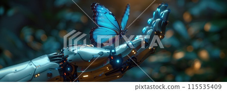 A magnificent blue butterfly rests gracefully on a robotic hand 115535409