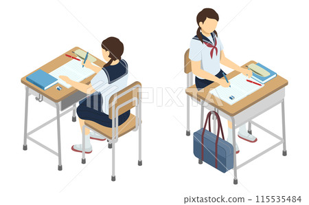 Isometric illustration: Female student studying at a school desk (summer clothes) Isometric illustration: Female student studying at a school desk (summer clothes) 115535484