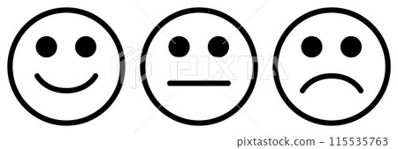 emoticon icon set, three emoji - happy, sad and neutral, symbol of smiley face, black and white vector illustration 115535763