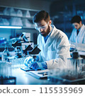 Medical science laboratory: Scientist looking under a microscope, doing analysis on a test sample. Young ambitious biotechnology specialist working with modern equipment 115535969