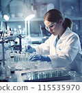 Medical science laboratory: Scientist looking under a microscope, doing analysis on a test sample. Young ambitious biotechnology specialist working with modern equipment 115535970