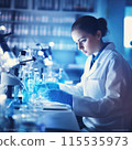 Medical research laboratory: Scientist using a micropipette for analysis. Advanced scientific laboratory for the development of medicine, biotechnology, microbiology. 115535973