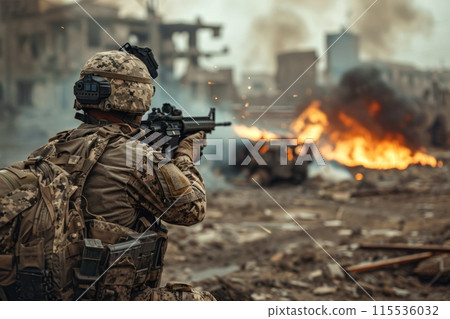 Soldier and burning vehicle in intense battlefield action during conflict and combat 115536032