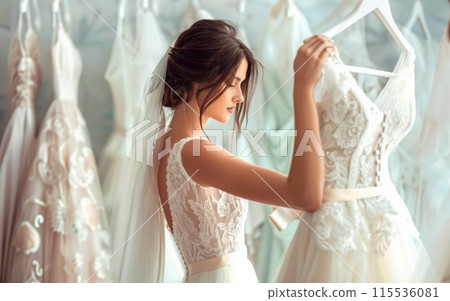 A woman in a wedding dress looking at dresses in a store 115536081