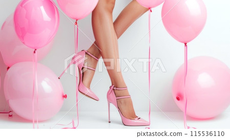 A woman in pink high heels stands by pink balloons 115536110