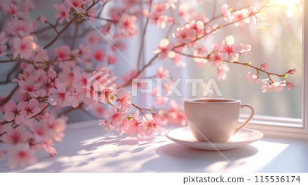 A white cup and saucer on a table beside blooming cherry blossoms. Springtime and morning tea concept. 115536174