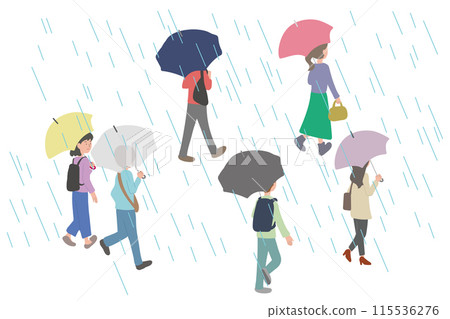 Illustration of a group of men and women walking with umbrellas 115536276