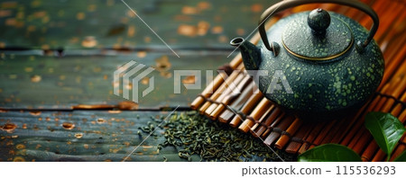 A teapot with loose leaf green tea, serene and natural bamboo mat background 115536293