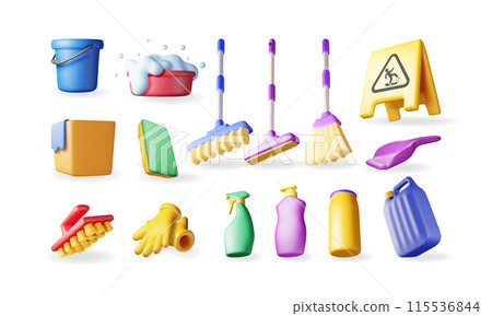 3D set of home cleaning tools isolated 3D set of home cleaning tools isolated 115536844