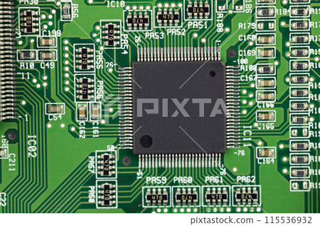 Green Circuit Board with Central Black Chip 115536932