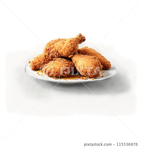 Fried chicken with crispy golden breading levitating and steaming Food and culinary concept 115536978