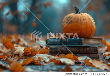 Pumpkins and Books on Autumn Leaves in a Forest Pumpkins and Books on Autumn Leaves in a Forest 115537073