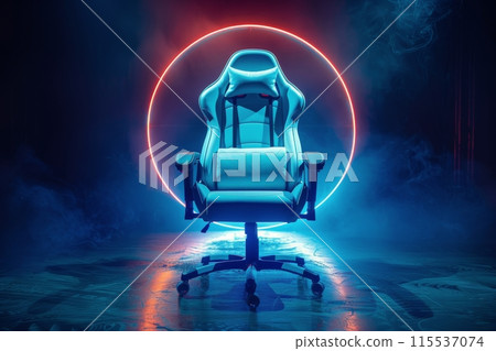 White Gaming Chair Under Neon Lights in a Dark Studio White Gaming Chair Under Neon Lights in a Dark Studio 115537074
