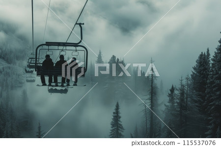 A Snowy Mountaintop View From A Ski Lift In Winter 115537076
