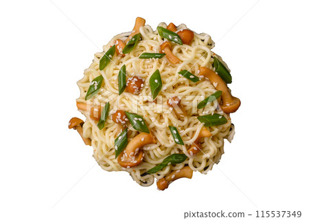 Delicious Asian cuisine dish with rice noodles, peppers, mushrooms and spices 115537349