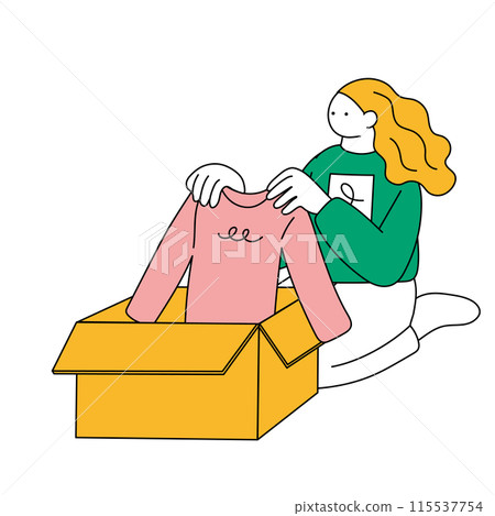 一名婦女將衣服裝入紙板的插圖 115537754
