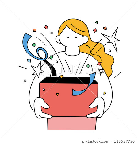 Line drawing illustration of a woman opening a gift box 115537756