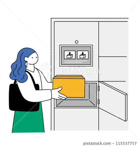Line drawing illustration of a woman leaving her package in a delivery locker 115537757