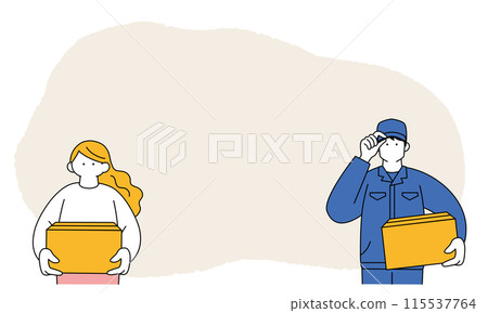 送貨工人和拿著紙板的婦女的簡單線條畫插圖 115537764