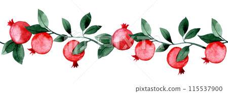 watercolor pattern, seamless border of pomegranate fruits and leaves. 115537900