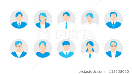 在公司工作的不同年齡層的男性和女性的圖標集。圓形背景 在公司工作的不同年齡層的男性和女性的圖標集。圓形背景 115538030