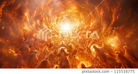 image depicting Prophet Moses ascending through a fiery portal in the heavens, surrounded by angels and a radiant light. 115538775