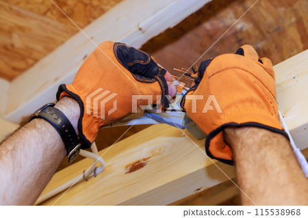 Installation of power junction box for LED recessed ceiling lights in new home 115538968