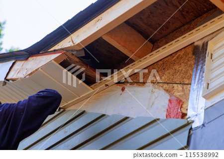Ceiling house vinyl soffit plastic boards are mounted to roof rafters Ceiling house vinyl soffit plastic boards are mounted to roof rafters 115538992