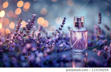 Lavender Scented Perfume Bottle on Blue Surface With Purple Flowers 115539209