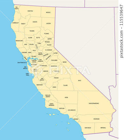 State of California counties, political map. U.S. state of California, subdivided into 58 counties, with San Bernardino County as largest and Los Angeles County as most populous in the United States. 115539647