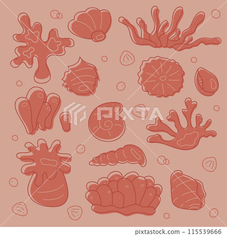Set with corals and shells. Doodles clip art in pastel colors. Set with corals and shells. Doodles clip art in pastel colors. 115539666