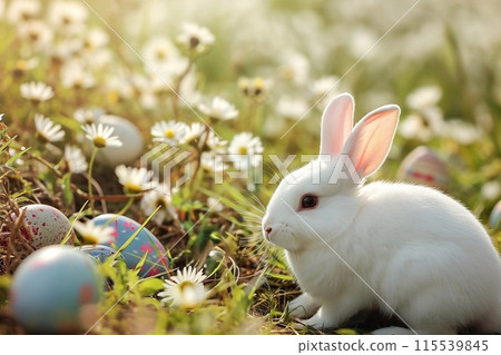 Cute white rabbit and easter eggs in a meadow. 115539845