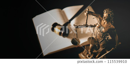 Lady Justice statue in law and books in background 115539910
