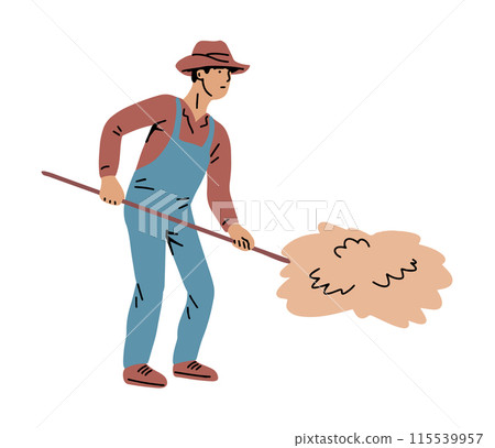 Village farmer man collecting hay in a stack Village farmer man collecting hay in a stack 115539957