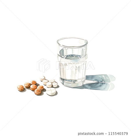 白色背景上有藥丸的一杯水的水彩插圖 115540379