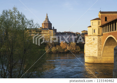 Nice shot of landscape of covered bridge and Pavia Cathedral at sunny day 115540462